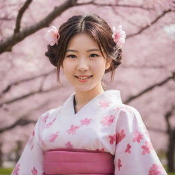 A youthful and cheerful Japanese girl in a traditional kimono, surrounded by cherry blossom trees in spring bloom