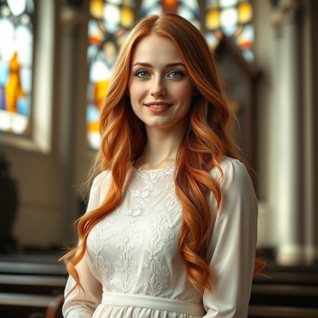 A stunning portrait of a beautiful 30-year-old Catholic woman with long, flowing red hair that cascades down her shoulders, framing her face gracefully