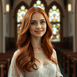 A stunning portrait of a beautiful 30-year-old Catholic woman with long, flowing red hair that cascades down her shoulders, framing her face gracefully