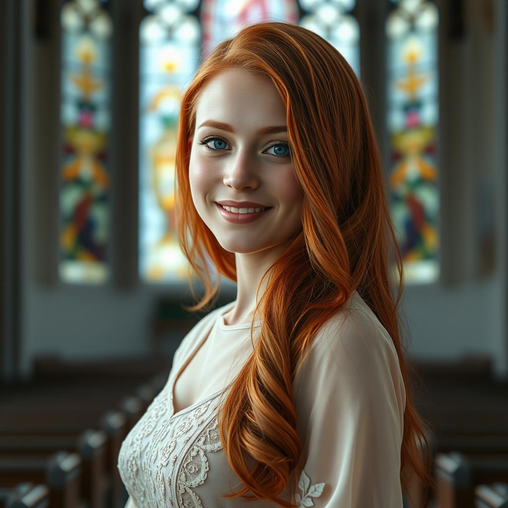 A stunning portrait of a beautiful 30-year-old Catholic woman with long, flowing red hair that cascades down her shoulders, framing her face gracefully