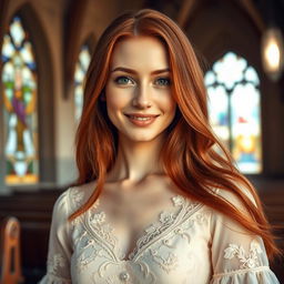 A stunning portrait of a beautiful 30-year-old Catholic woman with long, flowing red hair that cascades down her shoulders, framing her face gracefully