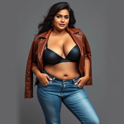 A hyper-realistic image of an Indian, slightly chubby, sexy mature wife exuding stunning beauty and feminine allure