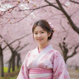 A youthful and cheerful Japanese girl in a traditional kimono, surrounded by cherry blossom trees in spring bloom