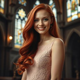 A captivating portrait of a beautiful 26-year-old Catholic woman with long, vibrant red hair that flows elegantly down her back