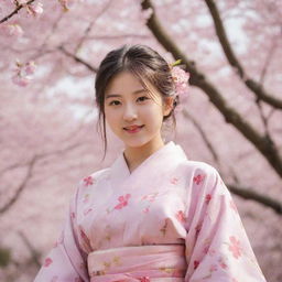 A youthful and cheerful Japanese girl in a traditional kimono, surrounded by cherry blossom trees in spring bloom