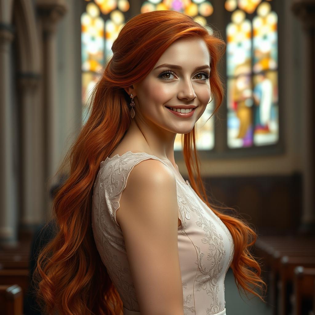 A captivating portrait of a beautiful 26-year-old Catholic woman with long, vibrant red hair that flows elegantly down her back