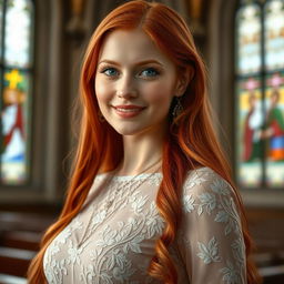 A captivating portrait of a beautiful 26-year-old Catholic woman with long, vibrant red hair that flows elegantly down her back