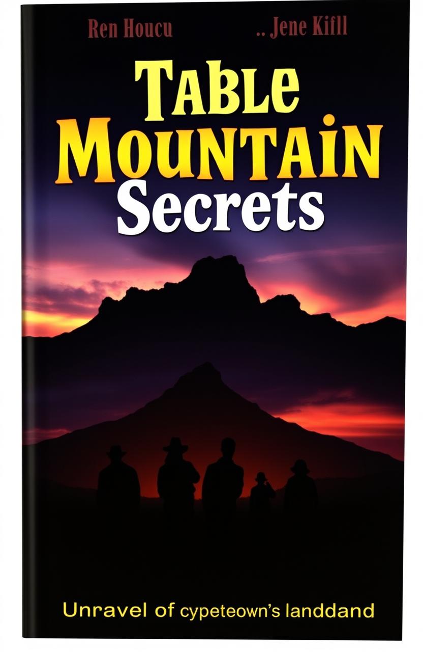 A dramatic and suspenseful book cover for 'Table Mountain Secrets', featuring the iconic silhouette of Table Mountain under a dark, moody sky
