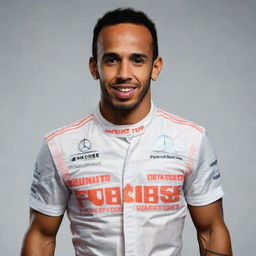 Illustration of the famous Formula One driver, Lewis Hamilton, with a comically exaggerated physique, retaining his distinctive outfit and facial features.