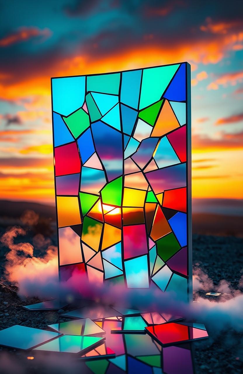 A beautifully shattered mirror reflecting a fragmented landscape, showcasing a surreal scene with vibrant colors and abstract shapes blending into one another