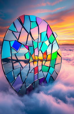 A beautifully shattered mirror reflecting a fragmented landscape, showcasing a surreal scene with vibrant colors and abstract shapes blending into one another