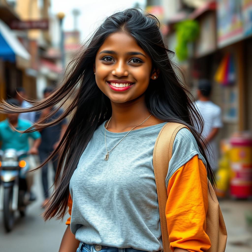 a confident young Tamil girl with dusky skin, around 17 years old, smiling brightly in a casual yet stylish outfit