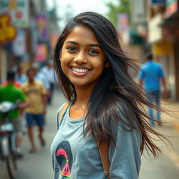 a confident young Tamil girl with dusky skin, around 17 years old, smiling brightly in a casual yet stylish outfit