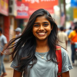 a confident young Tamil girl with dusky skin, around 17 years old, smiling brightly in a casual yet stylish outfit