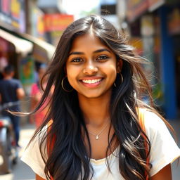 a confident young Tamil girl with dusky skin, around 17 years old, smiling brightly in a casual yet stylish outfit