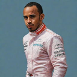 Illustration of the famous Formula One driver, Lewis Hamilton, with a comically exaggerated physique, retaining his distinctive outfit and facial features.