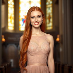 A beautiful 26-year-old Catholic woman with long, vibrant red hair, standing gracefully in front of the viewer