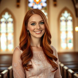 A beautiful 26-year-old Catholic woman with long, vibrant red hair, standing gracefully in front of the viewer