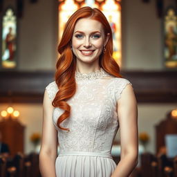 A beautiful 26-year-old Catholic woman with long, vibrant red hair, standing gracefully in front of the viewer