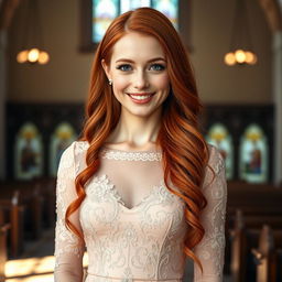 A beautiful 26-year-old Catholic woman with long, vibrant red hair, standing gracefully in front of the viewer