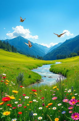 A serene and joyful landscape featuring a vibrant nature scene