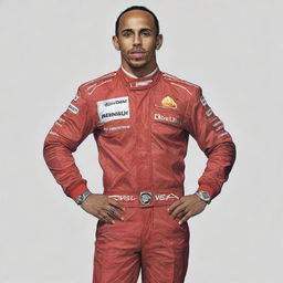 Illustration of the famous Formula One driver, Lewis Hamilton, with a comically exaggerated physique, retaining his distinctive outfit and facial features.