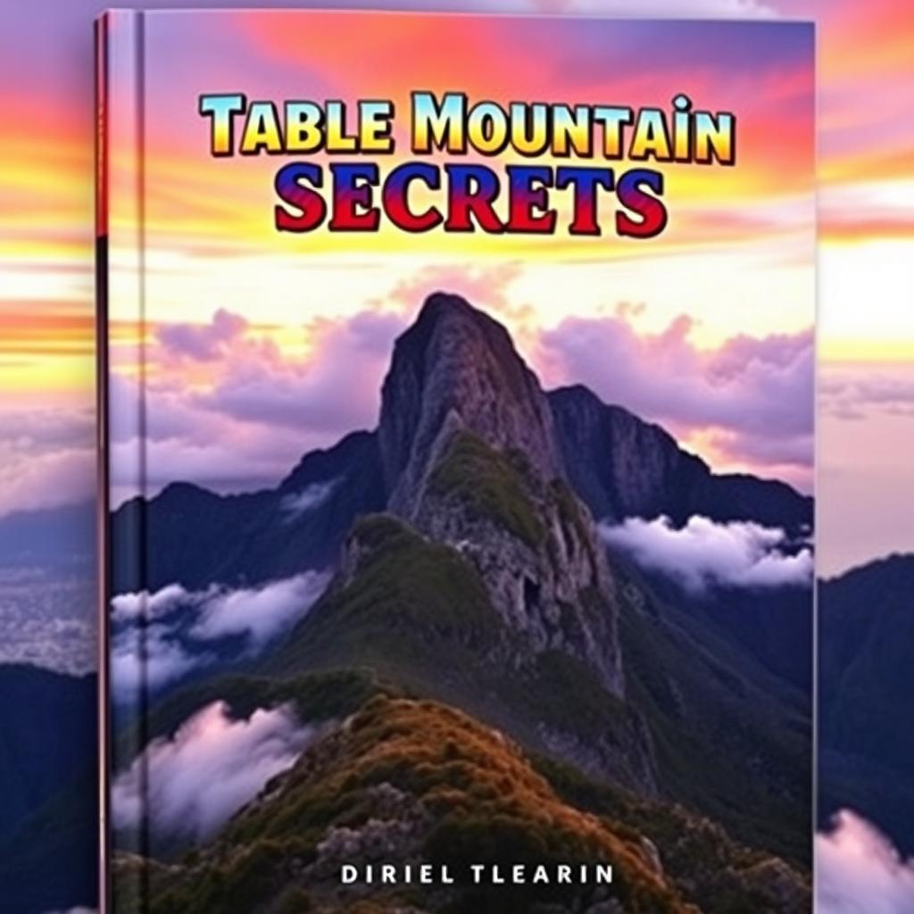 A captivating book cover for 'Table Mountain Secrets', showcasing a stunning view of Table Mountain surrounded by dramatic clouds and vibrant sunset colors