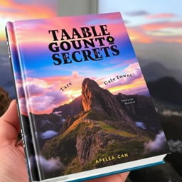 A captivating book cover for 'Table Mountain Secrets', showcasing a stunning view of Table Mountain surrounded by dramatic clouds and vibrant sunset colors