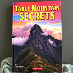 A captivating book cover for 'Table Mountain Secrets', showcasing a stunning view of Table Mountain surrounded by dramatic clouds and vibrant sunset colors