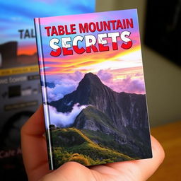 A captivating book cover for 'Table Mountain Secrets', showcasing a stunning view of Table Mountain surrounded by dramatic clouds and vibrant sunset colors