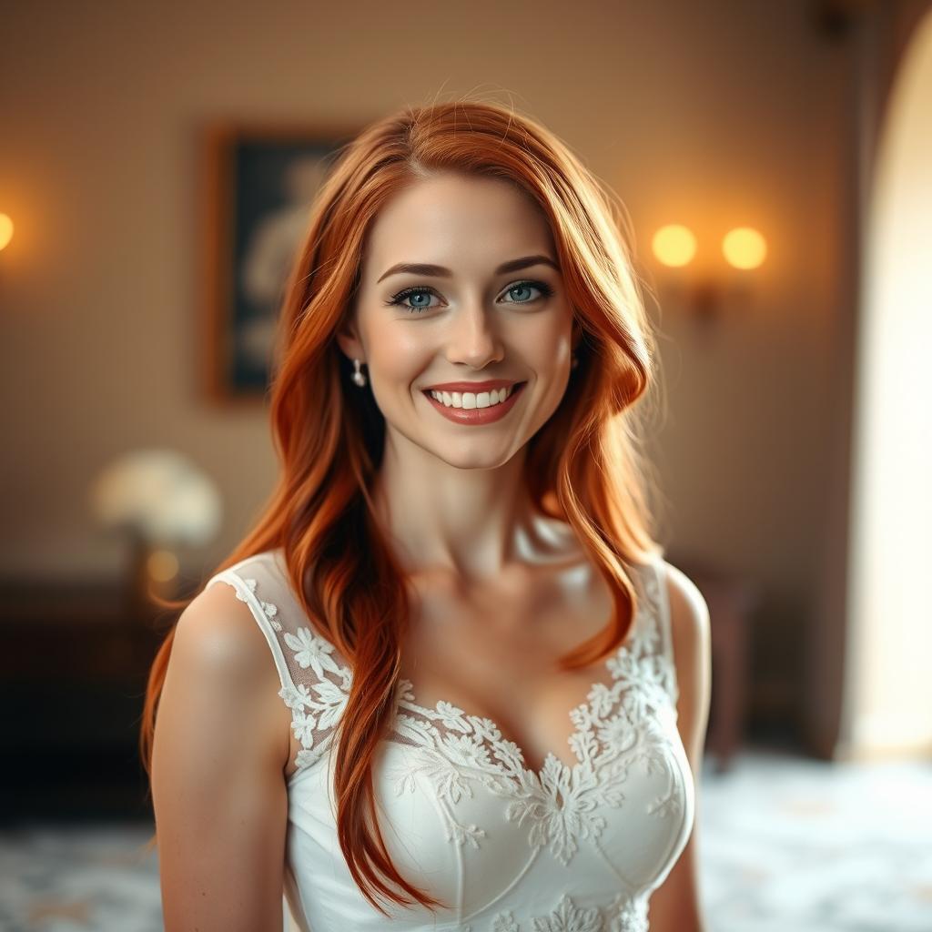 A beautiful 26-year-old Catholic woman with long, vibrant red hair, standing directly in front of the viewer