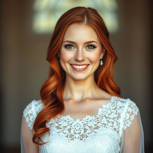 A beautiful 26-year-old Catholic woman with long, vibrant red hair, standing directly in front of the viewer