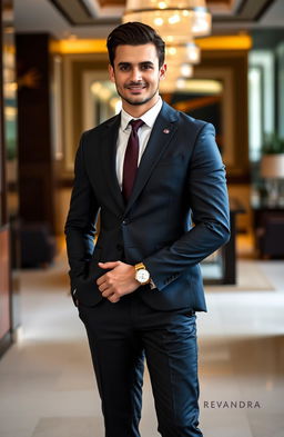 A handsome man with center parted hair, dressed in a stylish, tailored suit