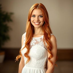 A beautiful 26-year-old Catholic woman with long, vibrant red hair, standing directly in front of the viewer