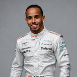 Illustration of the famous Formula One driver, Lewis Hamilton, with a comically exaggerated physique, retaining his distinctive outfit and facial features.