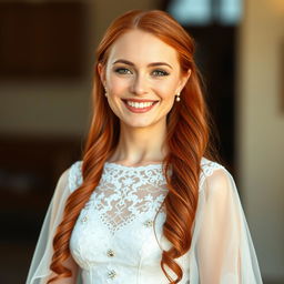 A beautiful 26-year-old Catholic woman with long, vibrant red hair, standing directly in front of the viewer