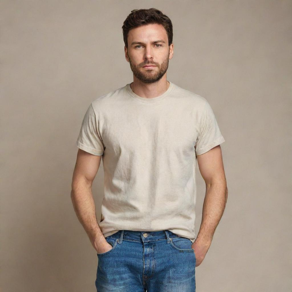 A completely ordinary person, wearing common attire like a t-shirt and denim jeans and expressing a calm, neutral facial expression. They stand in an average setting, epitomizing everyday life.