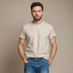 A completely ordinary person, wearing common attire like a t-shirt and denim jeans and expressing a calm, neutral facial expression. They stand in an average setting, epitomizing everyday life.