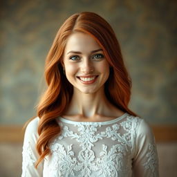 A beautiful and realistic portrait of a 26-year-old Catholic woman with long, flowing red hair, standing directly in front of the viewer