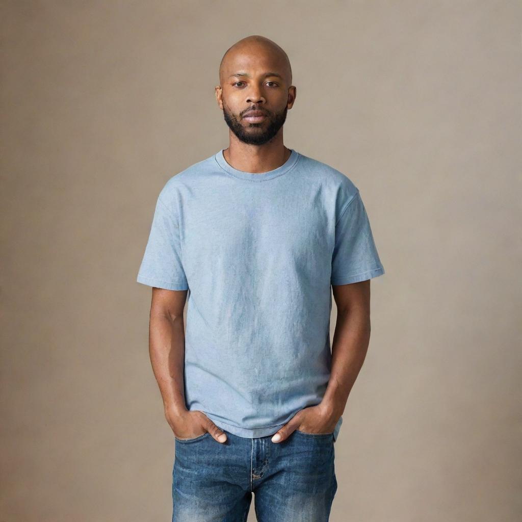 A completely ordinary person, wearing common attire like a t-shirt and denim jeans and expressing a calm, neutral facial expression. They stand in an average setting, epitomizing everyday life.