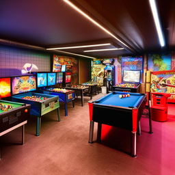 A 30 square meter games room, filled with a variety of entertainment options such as a pool table, pinball machines, video game consoles, and comfortable seating area