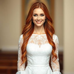 A beautiful and realistic portrait of a 26-year-old Catholic woman with long, flowing red hair, standing directly in front of the viewer