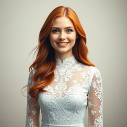 A beautiful and realistic portrait of a 26-year-old Catholic woman with long, flowing red hair, standing directly in front of the viewer