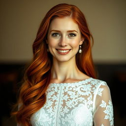 A beautiful and realistic portrait of a 26-year-old Catholic woman with long, flowing red hair, standing directly in front of the viewer