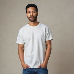 A completely ordinary person, wearing common attire like a t-shirt and denim jeans and expressing a calm, neutral facial expression. They stand in an average setting, epitomizing everyday life.