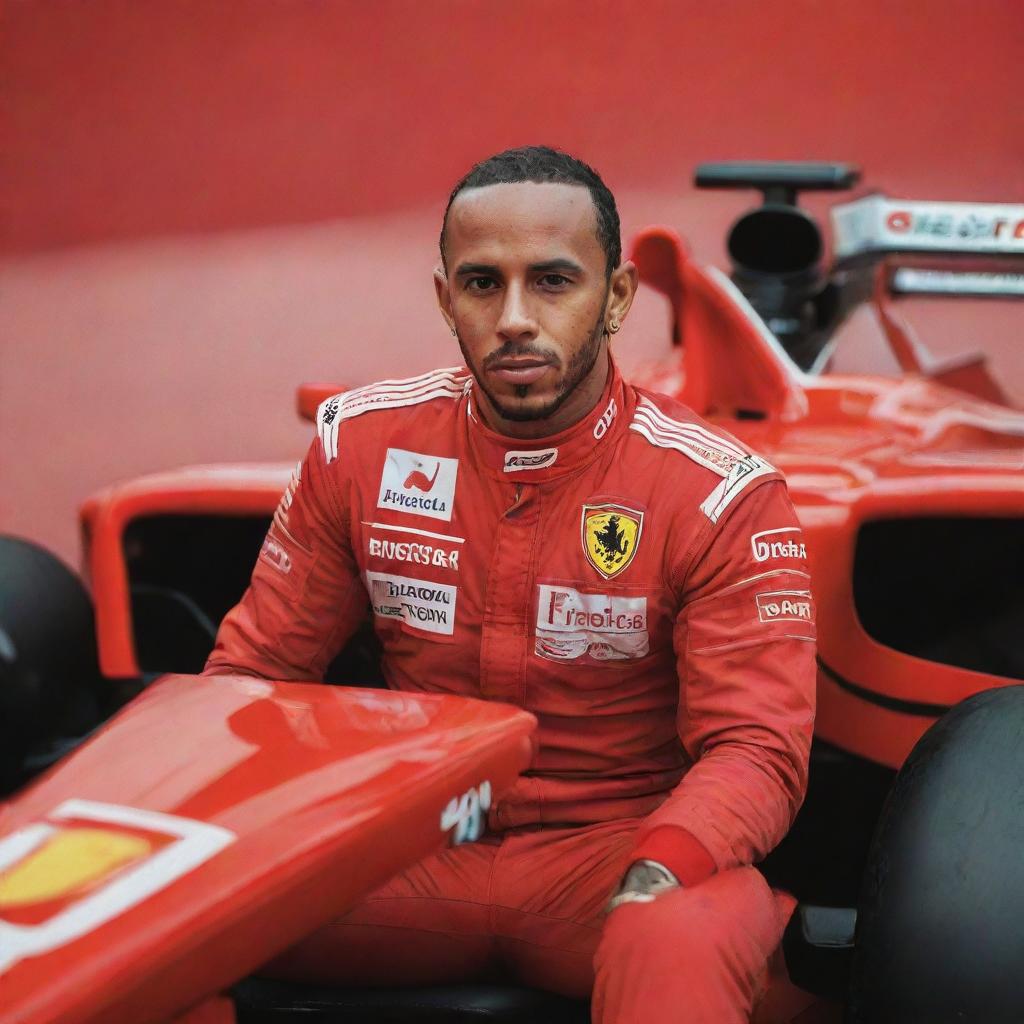 A stylized depiction of Lewis Hamilton, iconic Formula 1 driver, inside a vibrant red Ferrari racing car, maintaining his typical attire and expression.