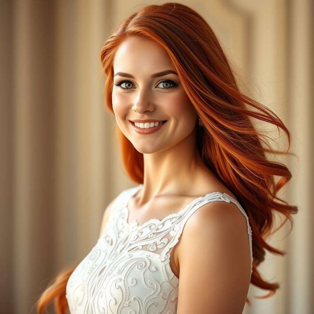 A beautiful Catholic woman, aged 26, with long, flowing red hair, standing gracefully in front of the viewer