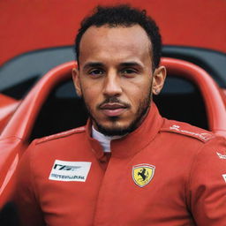 A stylized depiction of Lewis Hamilton, iconic Formula 1 driver, inside a vibrant red Ferrari racing car, maintaining his typical attire and expression.