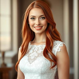 A beautiful Catholic woman, aged 26, with long, flowing red hair, standing gracefully in front of the viewer