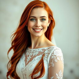 A beautiful Catholic woman, aged 26, with long, flowing red hair, standing gracefully in front of the viewer